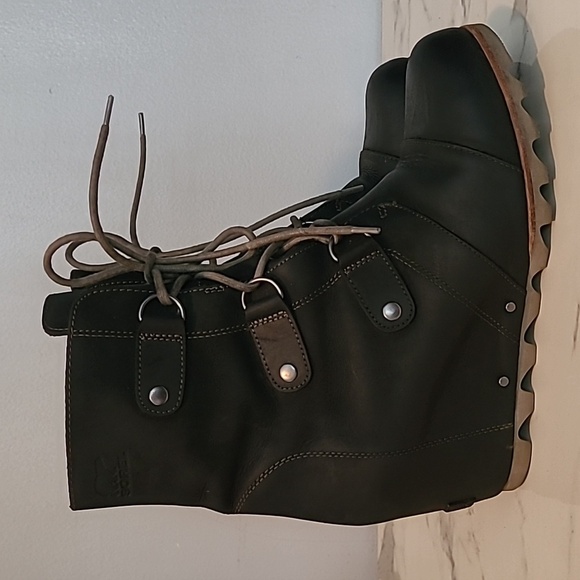 Sorel Joan Of Arctic Black Leather Suede Lace-up Wedge Waterproof Mid Boots 11 - Picture 4 of 14